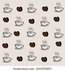 a seamless pattern features alternating steaming coffee cups and coffee beans on a light background