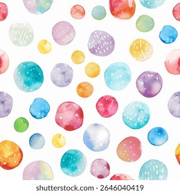 Seamless pattern features an array of colorful watercolor dots in various sizes on a white background. The playful design incorporates hues of blue, red, green, and yellow, ideal for creative projects