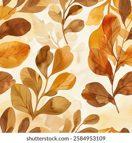 seamless pattern features autumnal foliage with leaves in shades of brown, orange, and yellow. The leaves are arranged in a repeating design on a light background creating a warm and natural aesthetic