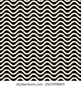 seamless pattern features black and white wavy lines creating an optical illusion effect. The repetitive design is modern, stylish, and perfect for backgrounds or textiles