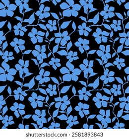 seamless pattern features blue flowers and leaves on a black background, creating a classic and stylish botanical design perfect for textiles and wallpapers