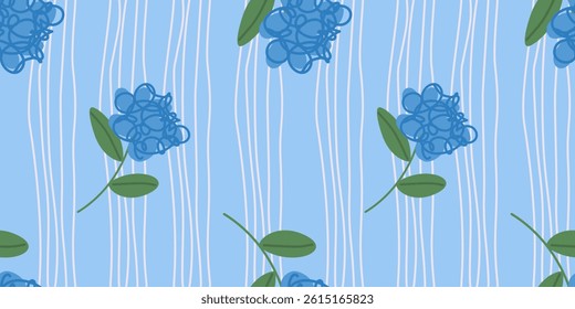 Seamless pattern features blue hand-drawn flowers and wavy lines on a light blue background. The soft color palette creates a calm and joyful mood. Ideal for nursery decor, baby apparel, or gifts.