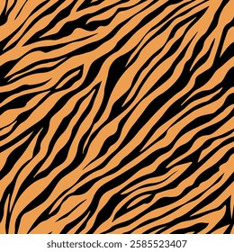 seamless pattern features bold black tiger stripes on an orange background, creating an exotic and striking design perfect for textiles, wallpapers, and decorative purposes