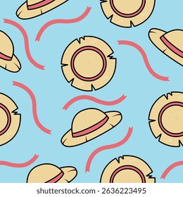 seamless Pattern Features Cartoon Straw Hats And Ribbons Against A Vibrant Light Blue Background