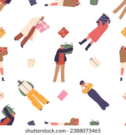 Seamless Pattern Features Characters With Colorful Gifts, Creating A Festive And Joyful Design, Vector Illustration