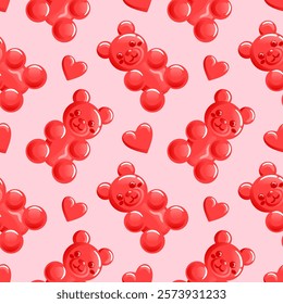 seamless pattern features charming red gummy bears shaped like hearts, perfect for Valentines Day. for festive designs, packaging, or digital backgrounds, it brings a sweet and playful touch