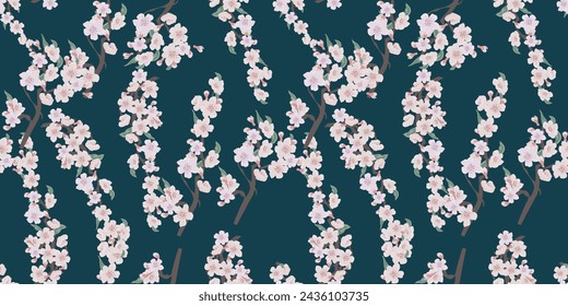 Seamless pattern features cherry blossoms in full bloom, gracefully adorning branches against a rich dark green backdrop. For textile, paper, cards, prints