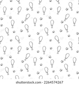 Seamless pattern features a collection of black line art chicken legs and cat paw prints set against white background