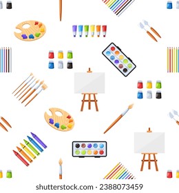 Seamless Pattern Features Colorful Artist Items Like Paintbrushes, Palettes, Easels And Paint Tubes with Crayons, Knives