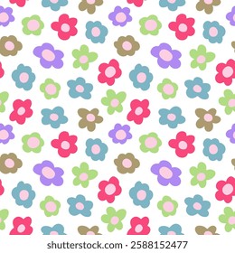 seamless pattern features colorful, retro-style flowers in pink, purple, green, blue, and brown on a white background, creating a cheerful and playful design