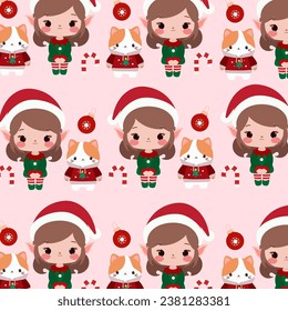 seamless pattern features a cute elf girl, cat, candy cane, and Christmas background.
