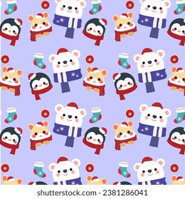 seamless pattern features cute hamsters, penguins, and polar bears on a purple background.