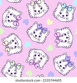 Seamless pattern features cute, hand drawn white cat faces with colorful bows on a soft pink background, adorned with pastel colored hearts.