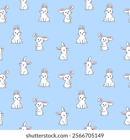 seamless pattern features cute white bunnies with pink ears on a light blue background, perfect for children's designs, nursery decor, or playful fabric prints