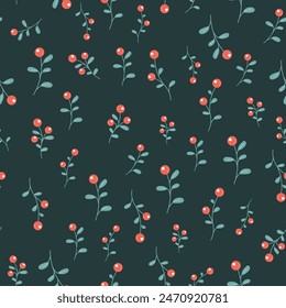 Motif harmonieux d'arrière-plan sombre orné d'illustrations simples et stylisées de petites baies rouges sur fichiers Stem et feuilles vert clair. Arrière-plan Noël
