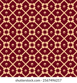 seamless pattern features a dark red background with a yellow lattice design, incorporating skulls and crossbones, creating a gothic and spooky aesthetic