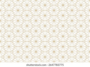 : padrão sem costura apresenta linhas douradas delicadas formando motivos estilizados florais ou semelhantes a flocos de neve dentro de uma grade hexagonal, criando um design elegante e intrincado em um vetor de fundo branco.
