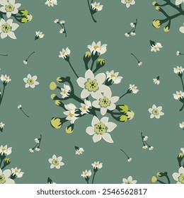 Padrão sem costura apresenta delicadas flores brancas com tons suaves de verde e amarelo. O design destaca ambos os blooms agrupados. Ideal para uso em tecidos, papéis de parede.