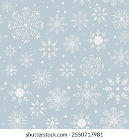 seamless pattern features delicate white snowflakes of various intricate designs scattered on a soft blue background, creating a winter-themed aesthetic.