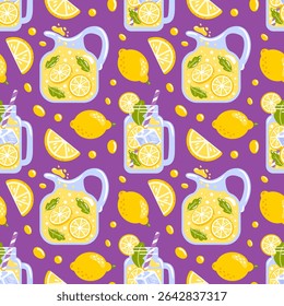 seamless pattern features delightful lemonade, showcasing juicy lemon slices and refreshing drink elements. Perfect for summer-themed projects, it adds a vibrant, fun touch to design.