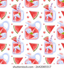 seamless pattern features delightful watermelon lemonade, showcasing juicy watermelon slices and refreshing drink elements. Perfect for summer-themed projects, it adds a vibrant, fun touch to design.