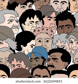 O padrão contínuo apresenta uma multidão diversificada de indivíduos, mostrando uma ampla gama de idades, etnias e gêneros, destacando o conceito de comunidade e diversidade