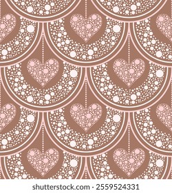 Seamless pattern features an elegant scalloped design with symmetrical hearts at the center of each arc