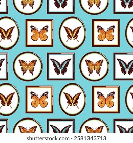 seamless pattern features an entomological collection of beautifully butterflies encased in elegant frames, perfect for creating a sophisticated and nature inspired design. Ideal for wallpapers and