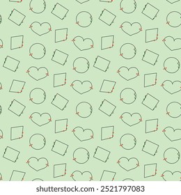 Seamless pattern features frames with leaves and berry accent, on mint background.