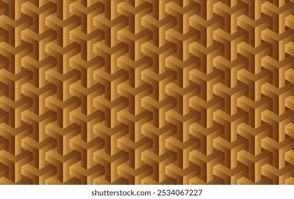 A seamless pattern features a geometric polygon design in a striking golden color, creating an elegant three-dimensional appearance suitable for contemporary decor and design.