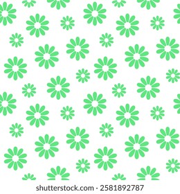 seamless pattern features green floral designs with various sizes of daisies on a white background, creating a fresh and cheerful look suitable for spring and summer themes