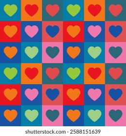 seamless pattern features a grid of colorful squares, each containing a heart in varying colors, creating a vibrant and playful design perfect for romantic or cheerful themes