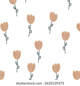seamless pattern features hand drawn tulip like flowers with dotted petals and simple green stems