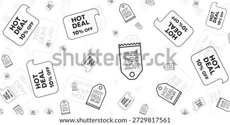 A seamless pattern features numerous black and white outline price tags, some reading "HOT DEAL 10% OFF" and others "HOT DEAL 20% OFF", scattered randomly on a clean white background.