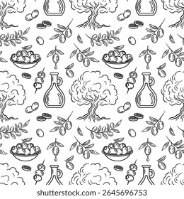 o padrão sem costura apresenta oliveiras, garrafas de óleo e azeitonas em um prato, esboço encantador. Perfeito para temas mediterrânicos, designs culinários ou embalagem de produtos orgânicos.