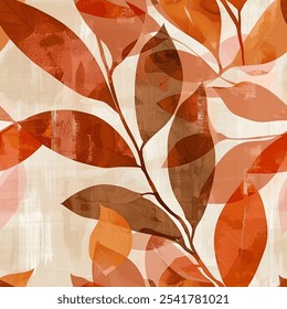 seamless pattern features overlapping leaves in shades of orange and brown. Arranged densely, they create a rich, autumnal texture on a light beige background, giving it a warm and inviting look