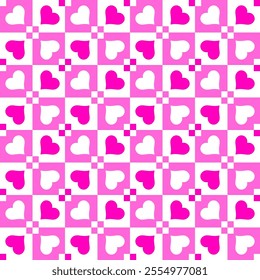 seamless pattern features pink and white hearts arranged in a geometric grid of squares, creating a vibrant and playful design perfect for Valentine's Day or romantic themes