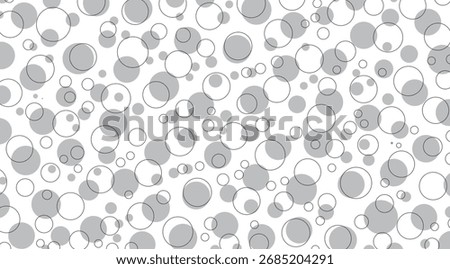 A seamless pattern features a playful arrangement of gray filled circles and outlined white circles against a clean white backdrop, creating a modern and versatile design with varied sizes