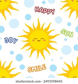 The seamless pattern features a playful and cheerful pattern of smiling suns with various words "HAPPY," "JOY," "SUN," and "SMILE" and blue circles scattered around. 