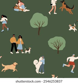 seamless pattern features playful puppies and diverse people enjoying a park setting. The vibrant illustration celebrates multiculturalism and creates a cheerful backdrop for various applications.