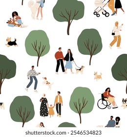 seamless pattern features playful puppies and diverse people enjoying a park setting. The vibrant illustration celebrates multiculturalism and creates a cheerful backdrop for various applications.