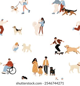 seamless pattern features playful puppies and diverse people enjoying a park setting. The vibrant illustration celebrates multiculturalism and creates a cheerful backdrop for various applications.