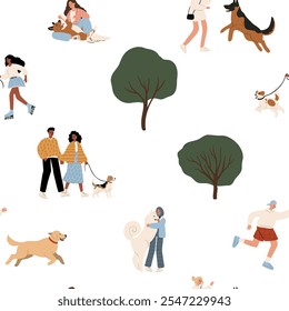 seamless pattern features playful puppies and diverse people enjoying a park setting. The vibrant illustration celebrates multiculturalism and creates a cheerful backdrop for various applications.