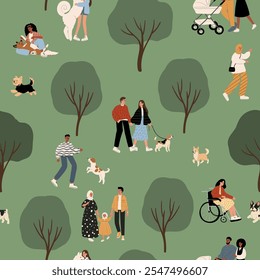 seamless pattern features playful puppies and diverse people enjoying a park setting. The vibrant illustration celebrates multiculturalism and creates a cheerful backdrop for various applications.