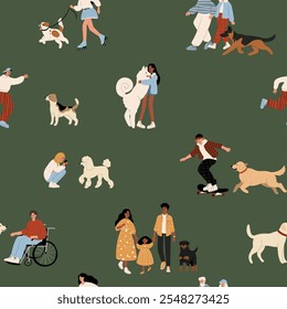 seamless pattern features playful puppies and diverse people enjoying a park setting. The vibrant illustration celebrates multiculturalism and creates a cheerful backdrop for various applications.