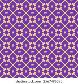 seamless pattern features a purple background with an orange lattice design, incorporating skulls and bones in a symmetrical, gothic, and spooky style