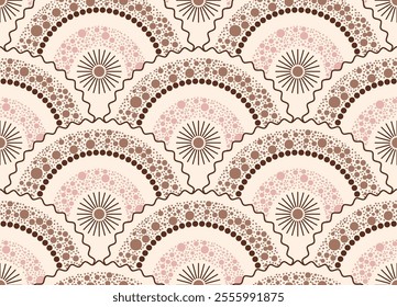 Seamless pattern  features radiant sunburst motifs surrounded by layered dotted arcs 