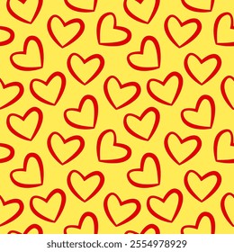 seamless pattern features red hand-drawn hearts on a bright yellow background, creating a cheerful and playful design perfect for romantic or festive occasions