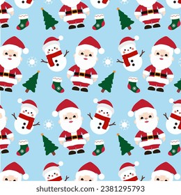 Seamless pattern features Santa Claus, Christmas trees, hanging socks, and snowmen on a bright blue background.