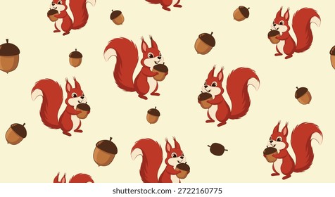 Nahtloses Muster zeigt mehrere süße rote Eichhörnchen, die Eicheln und verstreute einzelne Eicheln auf hellgelbem Hintergrund für Kinder halten.